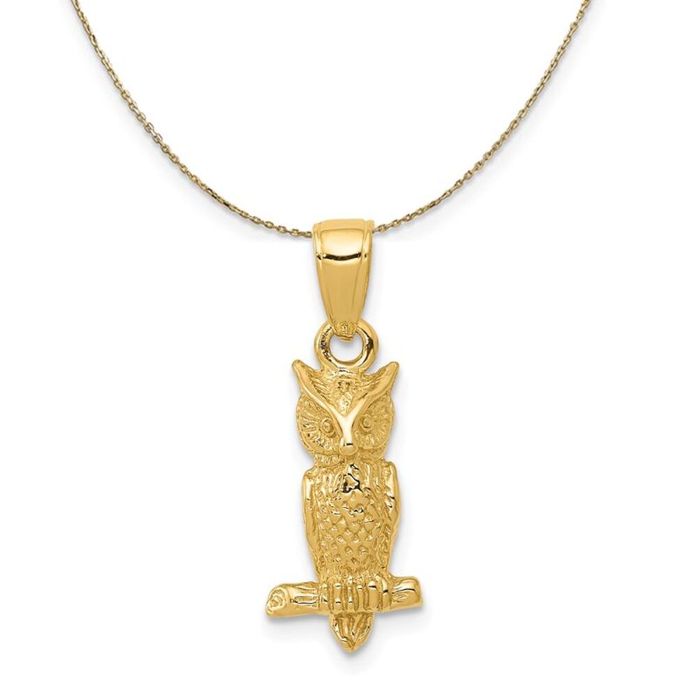 14k Yellow Gold Small 3D Owl Necklace - 24 Inch